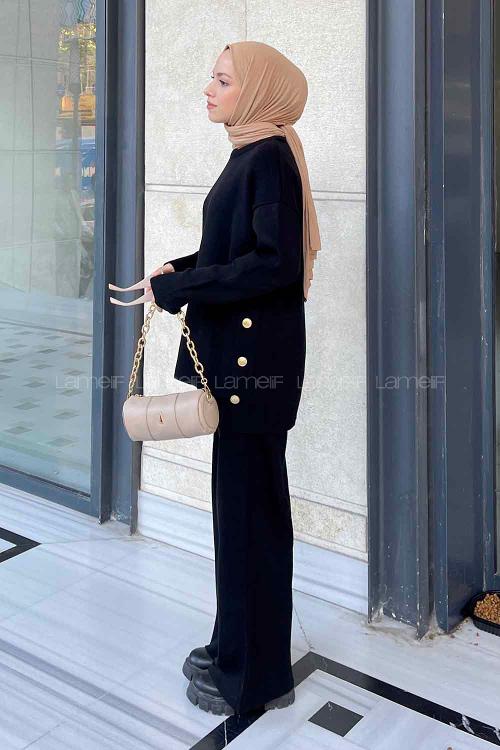 Lamelif Yanlar Düğmeli Tesettür Takım Siyah