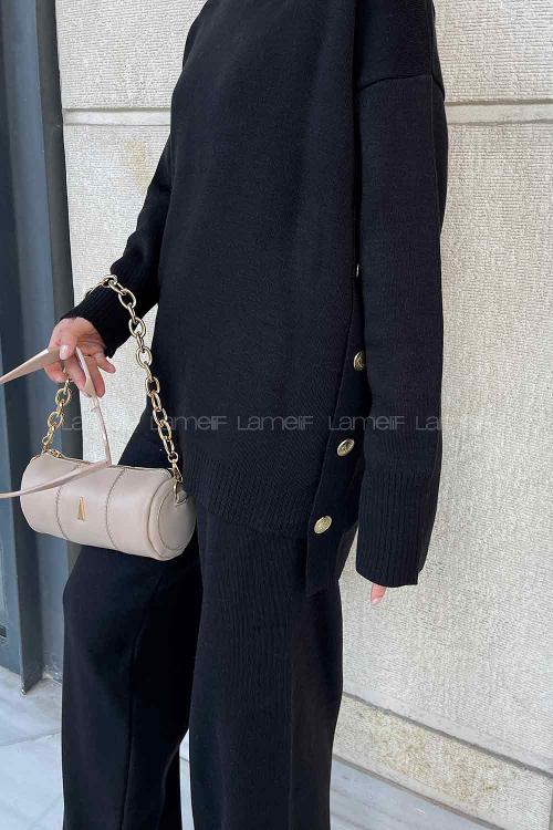 Lamelif Yanlar Düğmeli Tesettür Takım Siyah