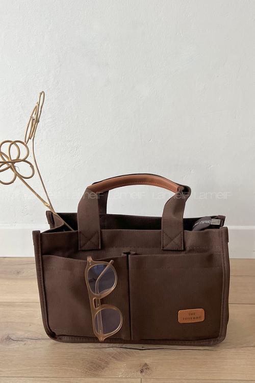 Lamelif Mini Kanvas Tote Bag Kadın Çapraz Çanta Acı Kahve