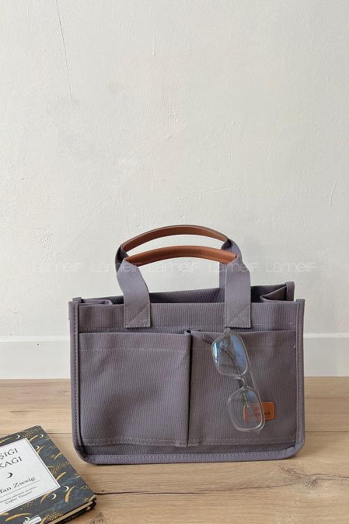 Lamelif Mini Kanvas Tote Bag Kadın Çapraz Çanta Füme