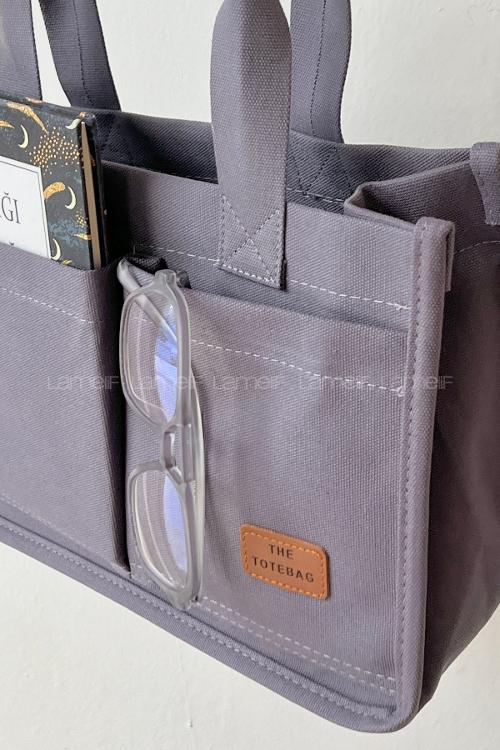 Lamelif Mini Kanvas Tote Bag Kadın Çapraz Çanta Füme