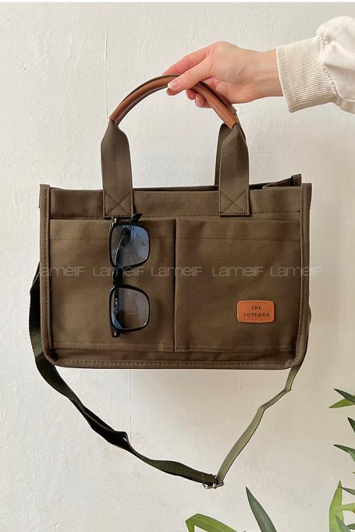 Lamelif Mini Kanvas Tote Bag Kadın Çapraz Çanta Haki