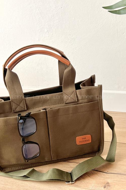 Lamelif Mini Kanvas Tote Bag Kadın Çapraz Çanta Haki