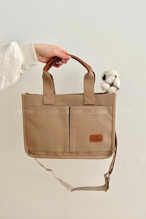 Lamelif Mini Kanvas Tote Bag Kadın Çapraz Çanta Vizonrengi