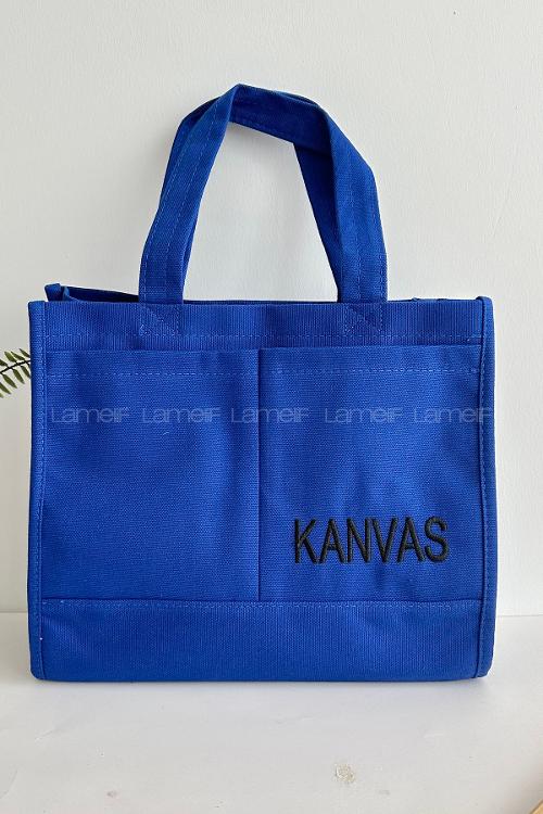 Lamelif Kanvas Nakışlı Kadın Çapraz Çanta Saks Mavisi
