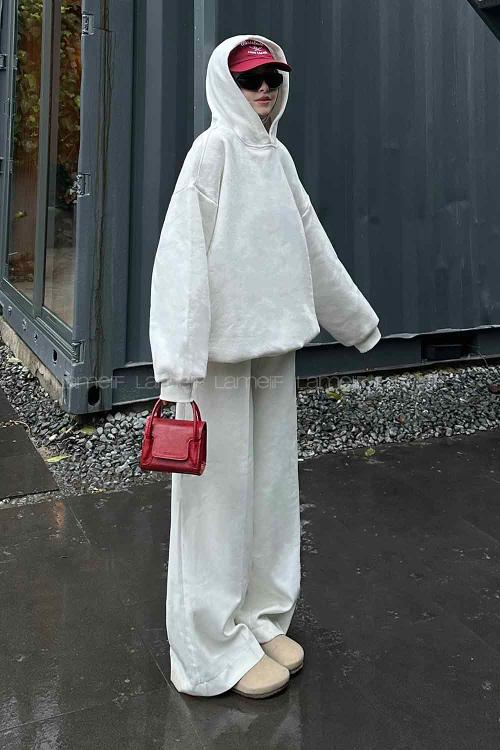 Lamelif Kapüşonlu Salaş Sweatshirt Beyaz