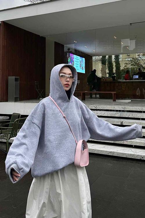 Lamelif Kapüşonlu Salaş Sweatshirt Gri