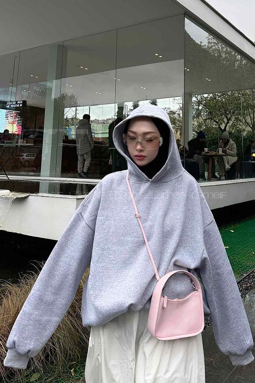 Lamelif Kapüşonlu Salaş Sweatshirt Gri