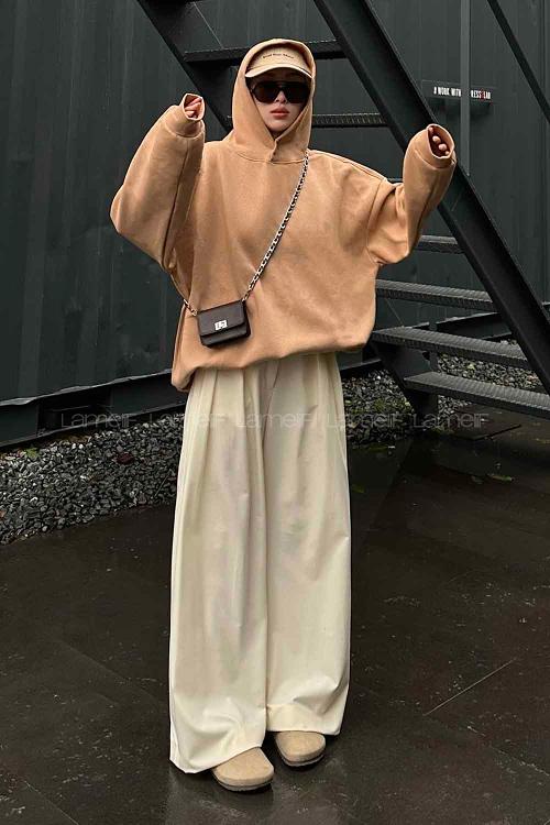 Lamelif Kapüşonlu Salaş Sweatshirt Sütlü Kahve