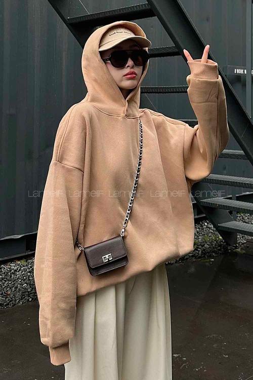 Lamelif Kapüşonlu Salaş Sweatshirt Sütlü Kahve