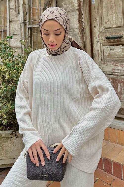 Lamelif Tabata Fitilli Tesettür Takım Ekru