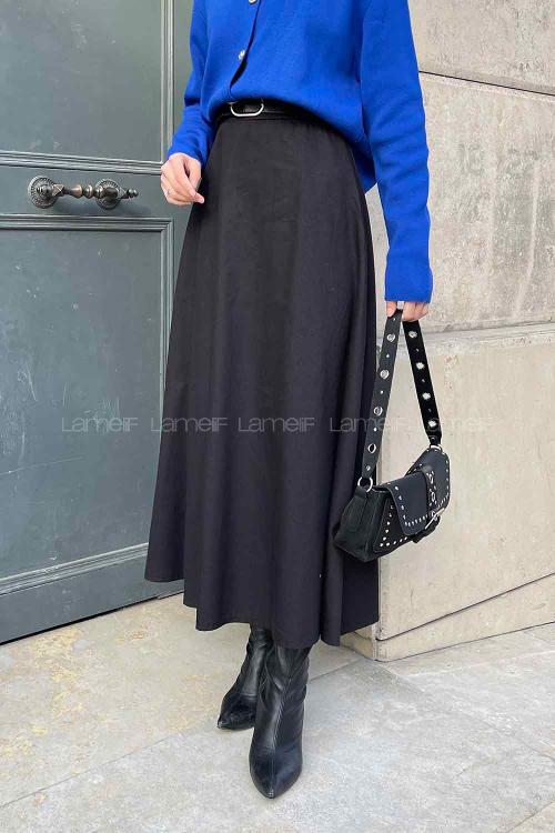 Lamelif Kloş Keten Etek Siyah