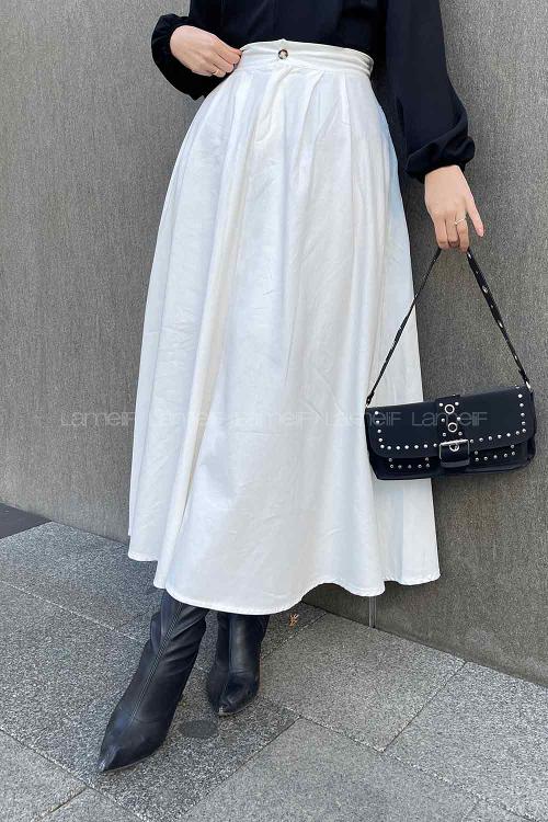 Lamelif Cep Detaylı Kloş Keten Etek Beyaz