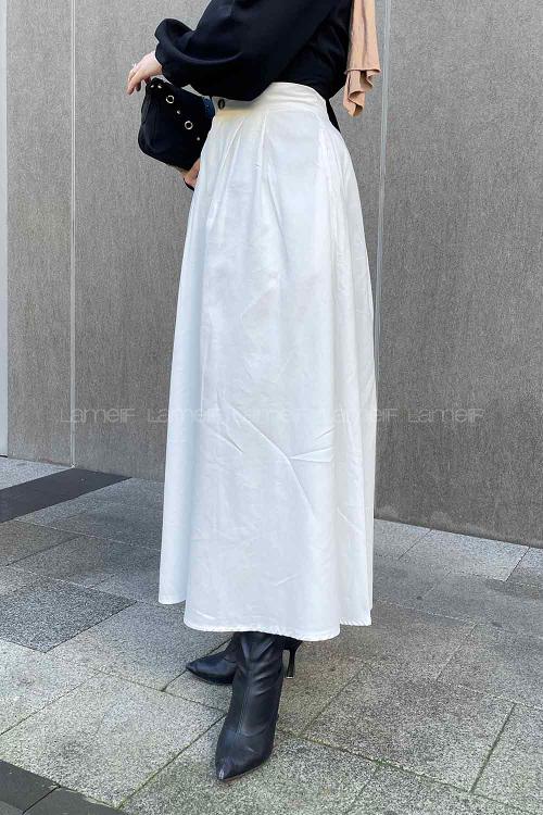 Lamelif Cep Detaylı Kloş Keten Etek Beyaz