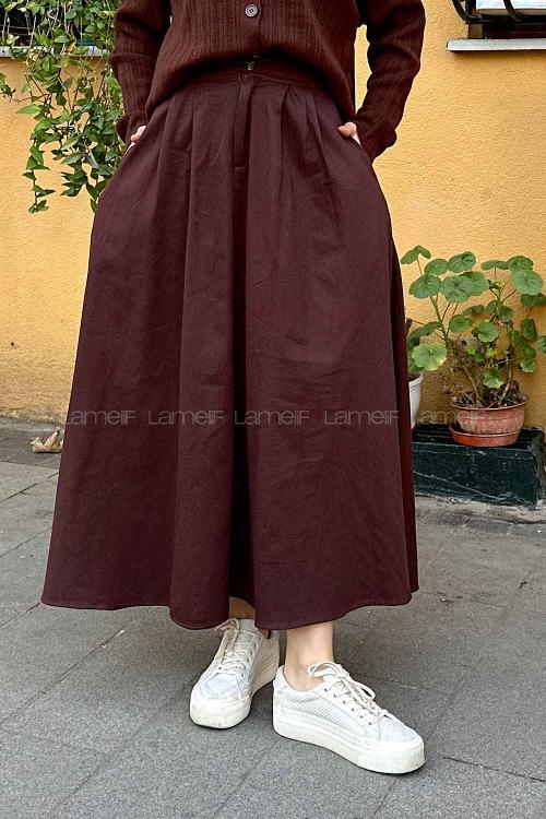 Lamelif Cep Detaylı Kloş Keten Etek Acı Kahve