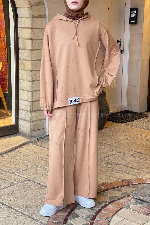 Lamelif Balance Armalı Çımalı İkili Tesettür Takım Camel