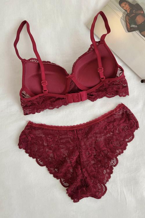 Lamelif Dantelli Destekli Sütyen Takım Bordo Renk