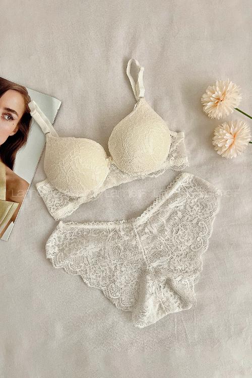Lamelif Dantelli Destekli Sütyen Takım Ekru Renk