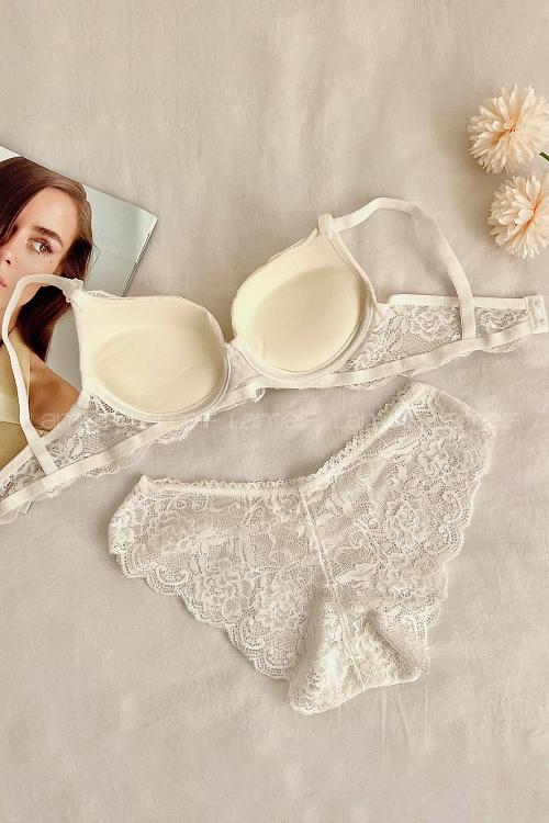 Lamelif Dantelli Destekli Sütyen Takım Ekru Renk