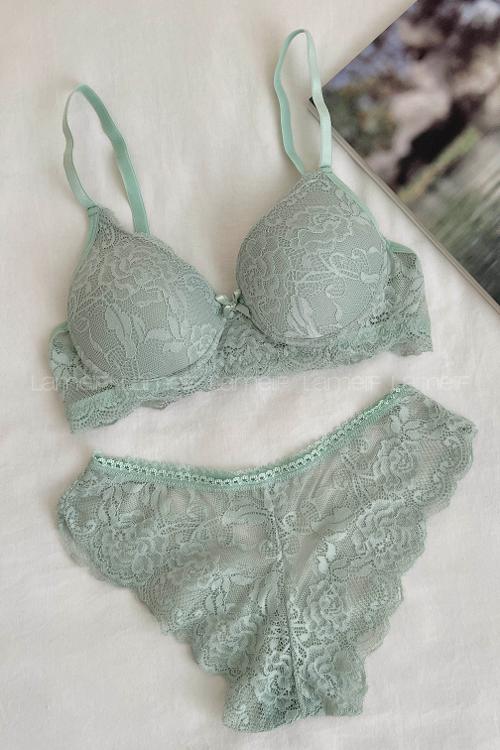 Lamelif Dantelli Destekli Sütyen Takım Mint Yeşili Renk