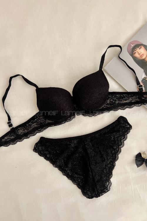 Lamelif Dantelli Destekli Sütyen Takım Siyah Renk