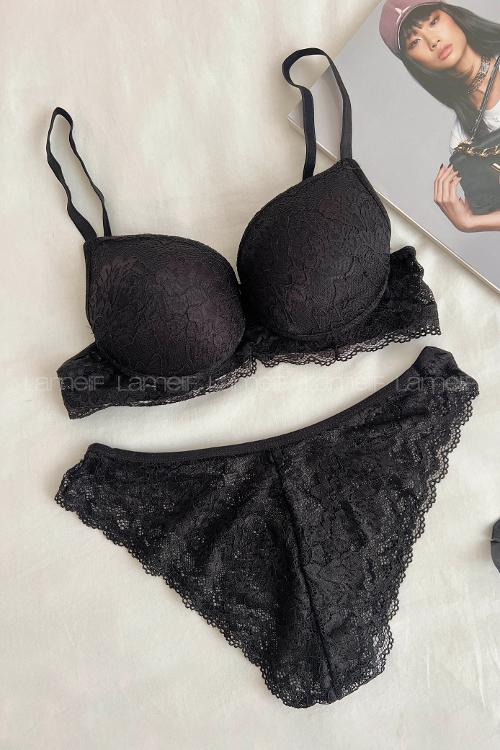 Lamelif Dantelli Destekli Sütyen Takım Siyah Renk
