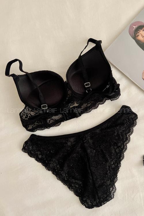 Lamelif Dantelli Destekli Sütyen Takım Siyah Renk