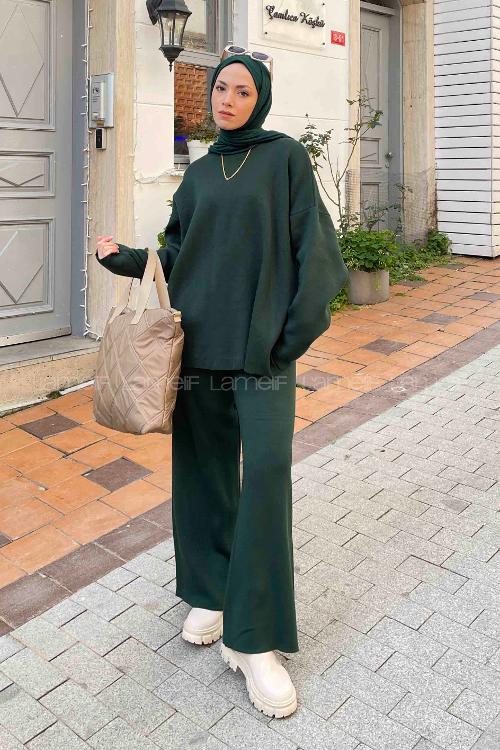 Lamelif Düz İkili Triko Tesettür Takım Zümrüt