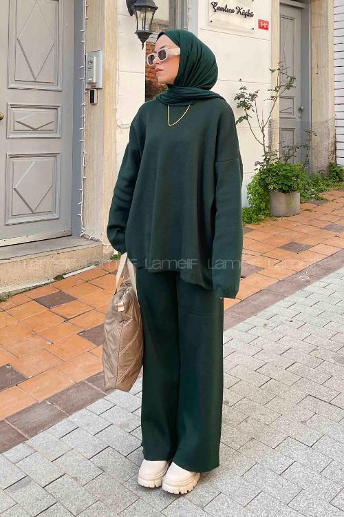 Lamelif Düz İkili Triko Tesettür Takım Zümrüt