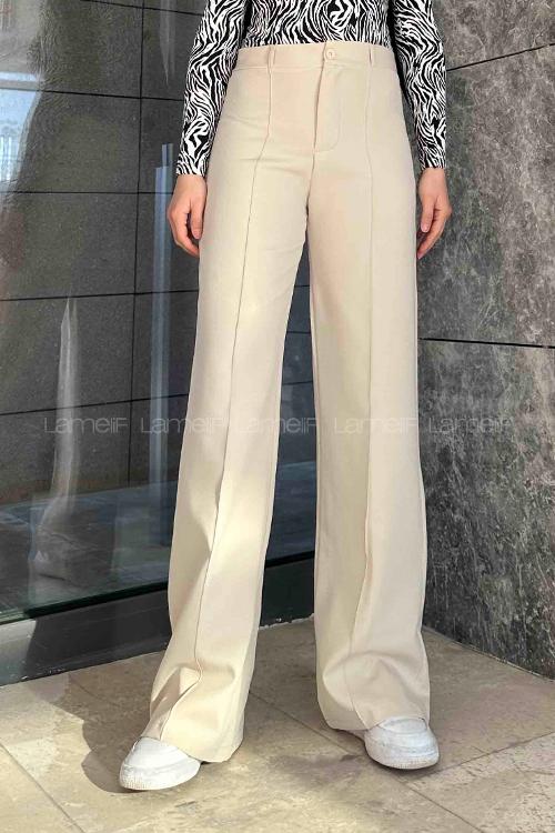 Lamelif Çımalı Bol Paça Pantolon Krem