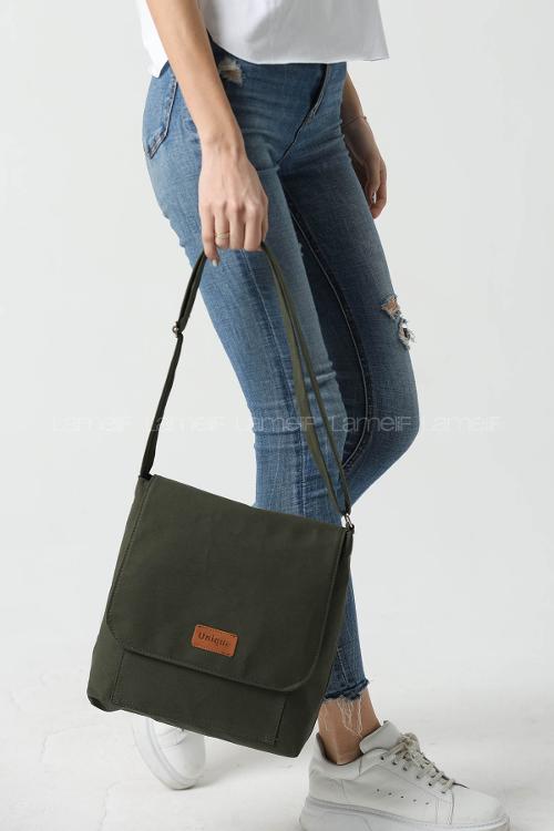 Lamelif Unique Orta Boy Kanvas Postacı Çanta Haki