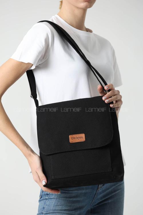 Lamelif Unique Orta Boy Kanvas Postacı Çanta Siyah