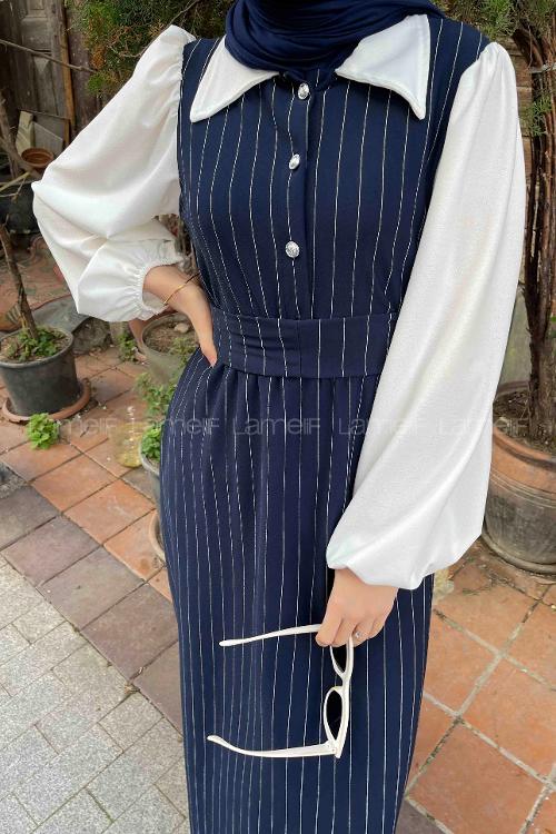 ﻿ Lamelif Çizgi Detaylı Garnili Tesettür Elbise Lacivert