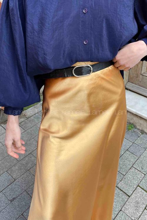 Lamelif Düz Saten Çan Etek Gold