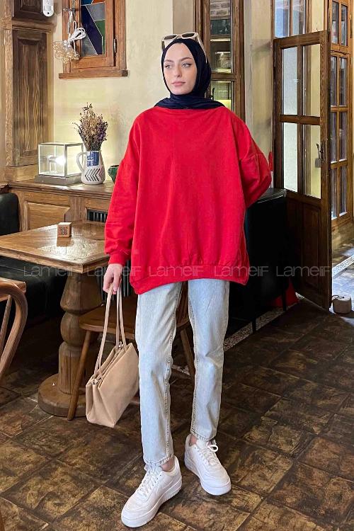 Lamelif Balon Kol Yaka Ve Etek Ucu Manşetli Bol Sweat Kırmızı