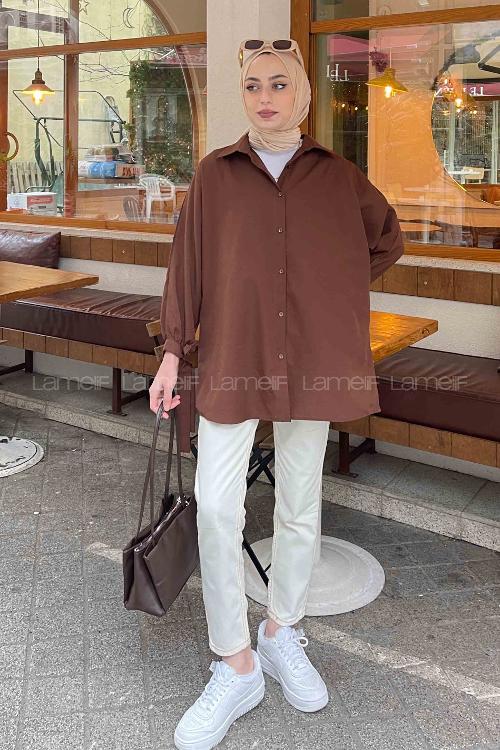 Lamelif Kol Detaylı Gömlek Acı Kahve
