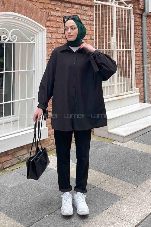 Lamelif Kol Detaylı Gömlek Siyah