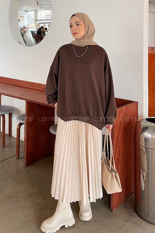 Lamelif Balon Kol Yaka Ve Etek Ucu Manşetli Bol Sweat Acı Kahve