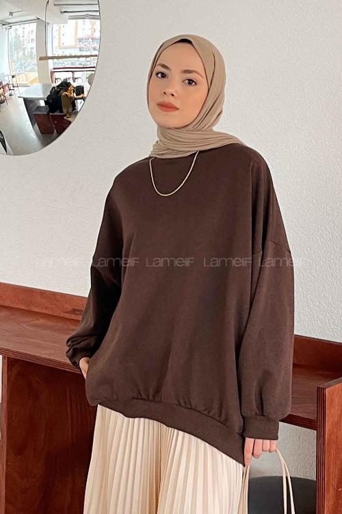 Lamelif Balon Kol Yaka Ve Etek Ucu Manşetli Bol Sweat Acı Kahve