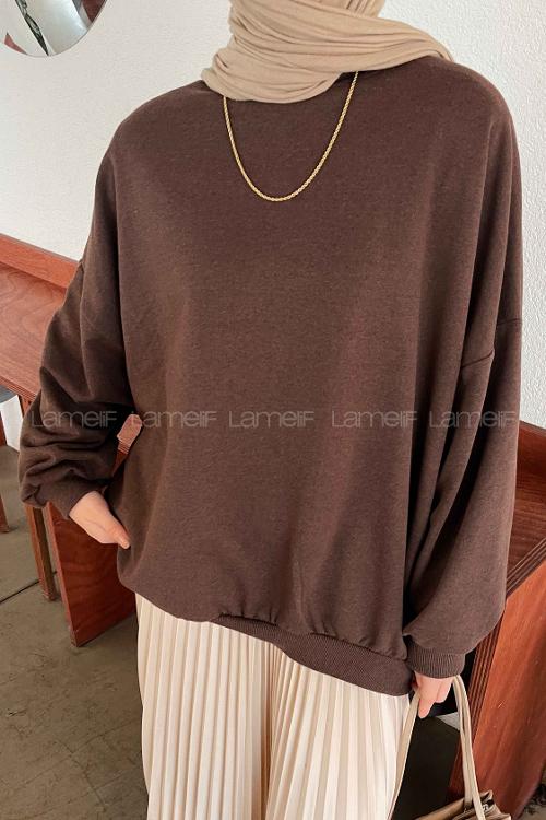 Lamelif Balon Kol Yaka Ve Etek Ucu Manşetli Bol Sweat Acı Kahve