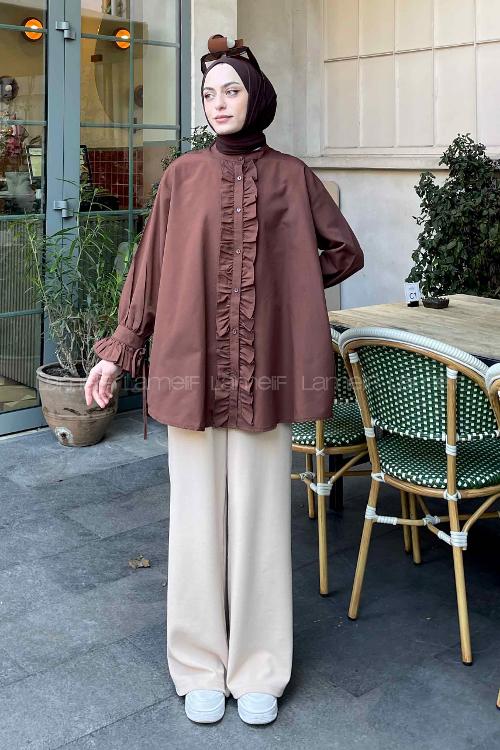 Lamelif Flores Fırfırlı Tunik Kahverengi