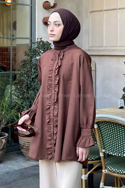 Lamelif Flores Fırfırlı Tunik Kahverengi