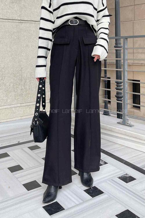 Black Viscose Fabric High Waist Material Pants