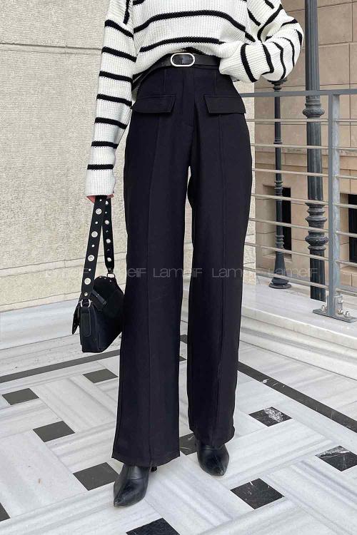 Black Viscose Fabric High Waist Material Pants