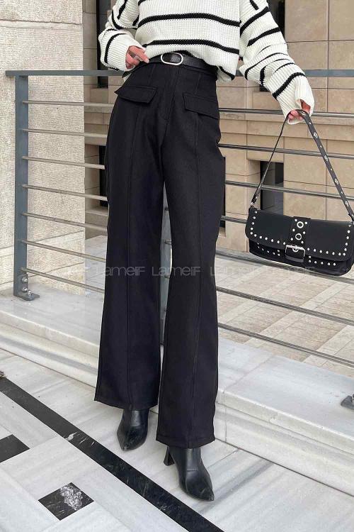 Black Viscose Fabric High Waist Material Pants