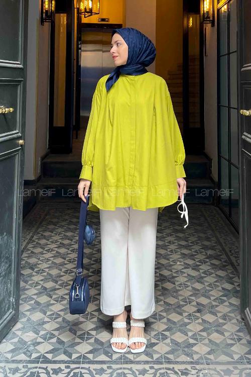 Lamelif Manşeti Biyeli Tunik Fıstık Yeşili