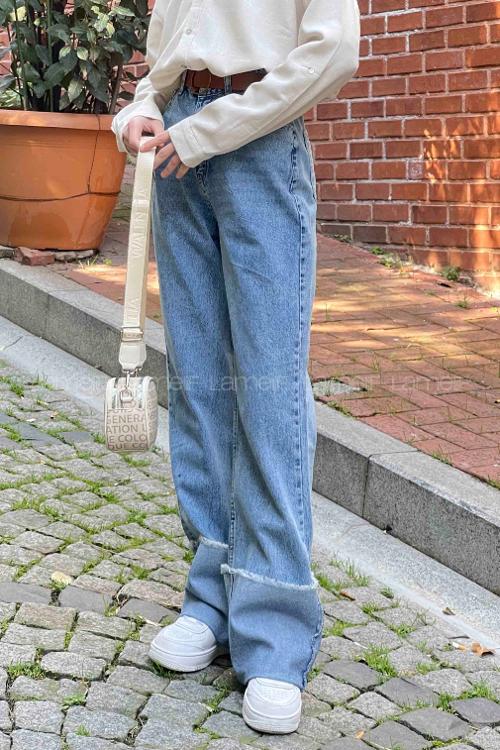 Lamelif Paça Kıvırmalı Flare Pantalon Açık Mavi