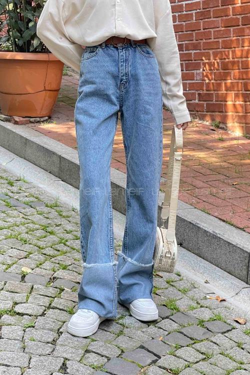 Lamelif Paça Kıvırmalı Flare Pantalon Açık Mavi