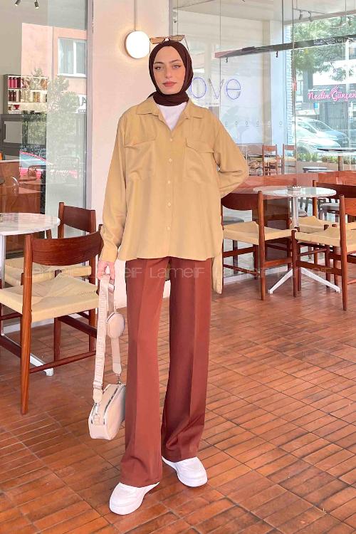 Lamelif Çift Kapak Cep Detaylı Gömlek Sütlü Kahve