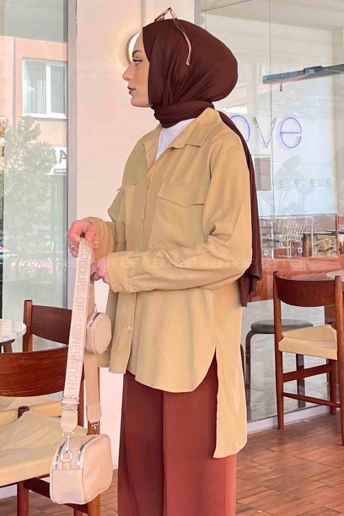 Lamelif Çift Kapak Cep Detaylı Gömlek Sütlü Kahve